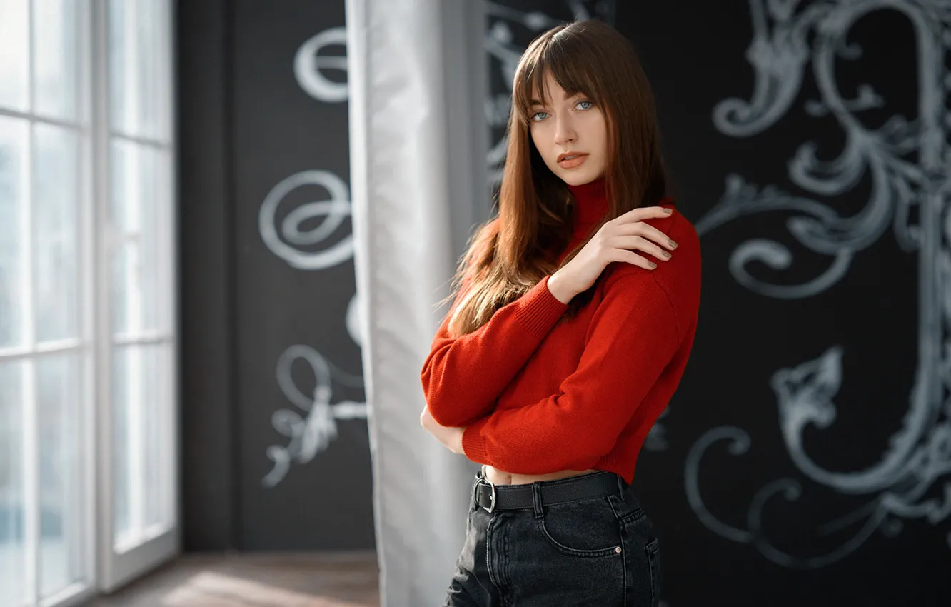 Photo wallpaper look, model, portrait, jeans, makeup, hairstyle, brown hair, beauty