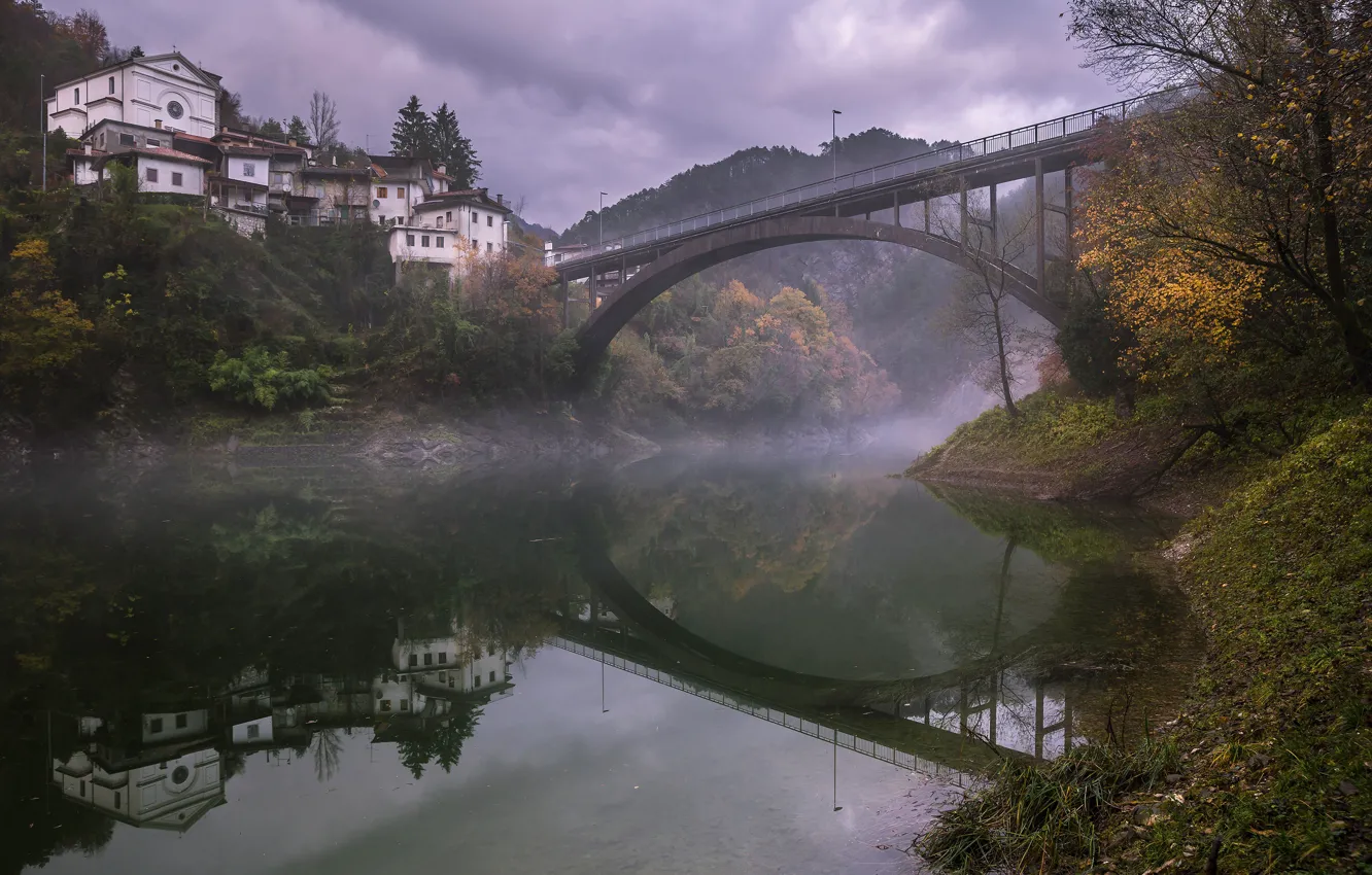 Photo wallpaper autumn, trees, bridge, the city, fog, lake, pond, Park
