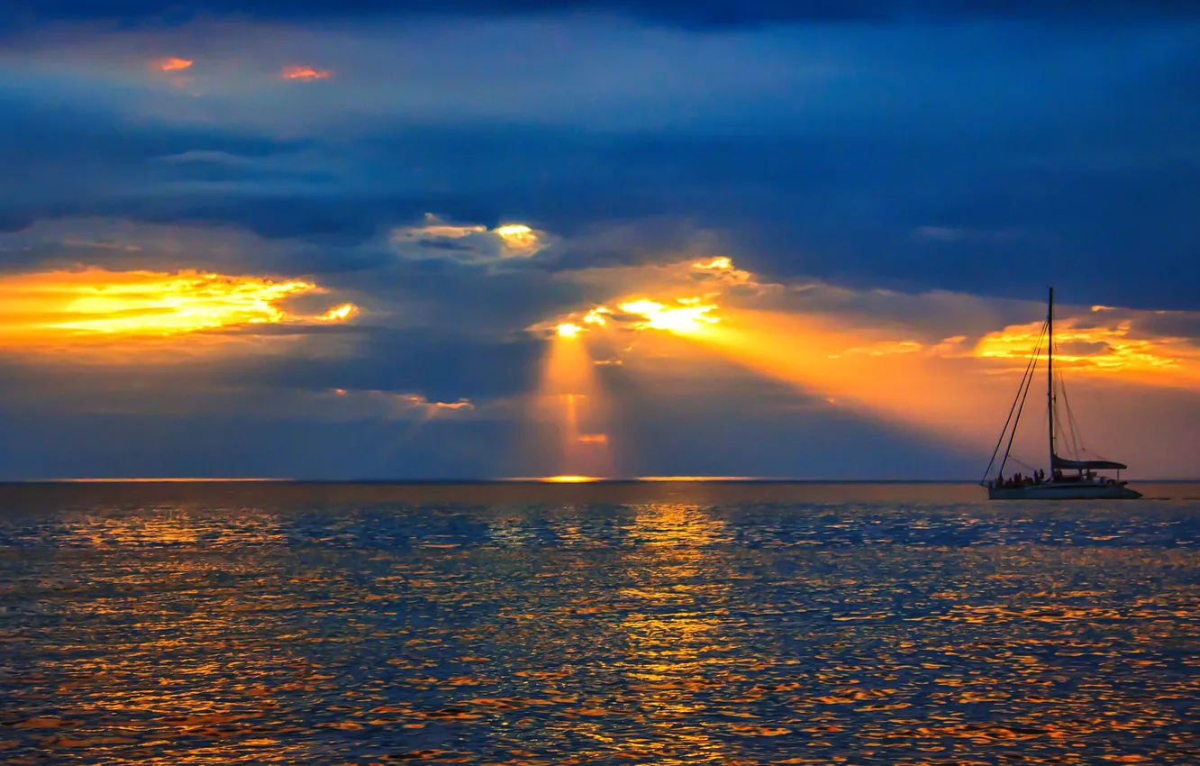 Photo wallpaper sea, the sky, clouds, rays, sunset, boat, yacht