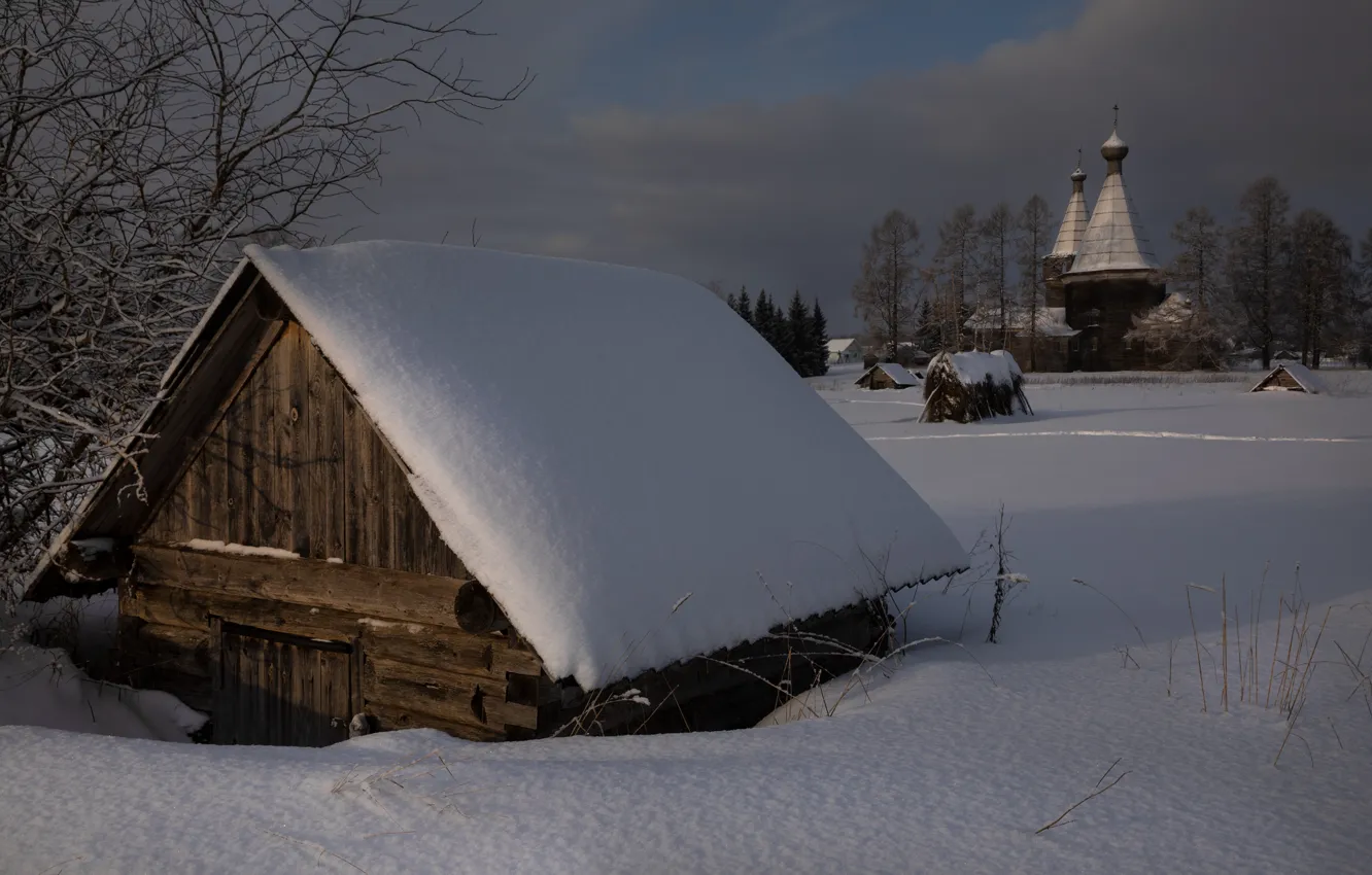 Photo wallpaper winter, snow, landscape, nature, house, Church