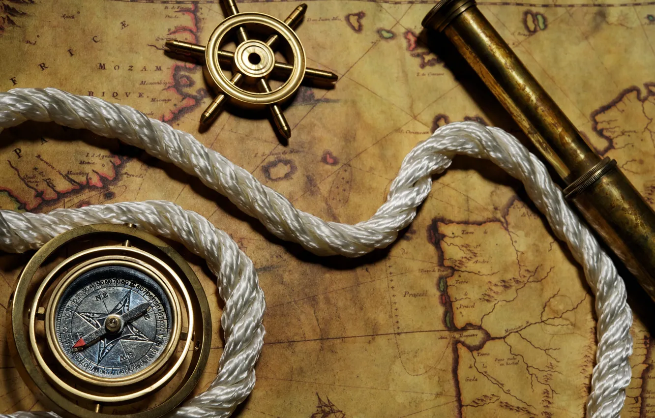 Photo wallpaper map, rope, journey, compass, spyglass, the wheel