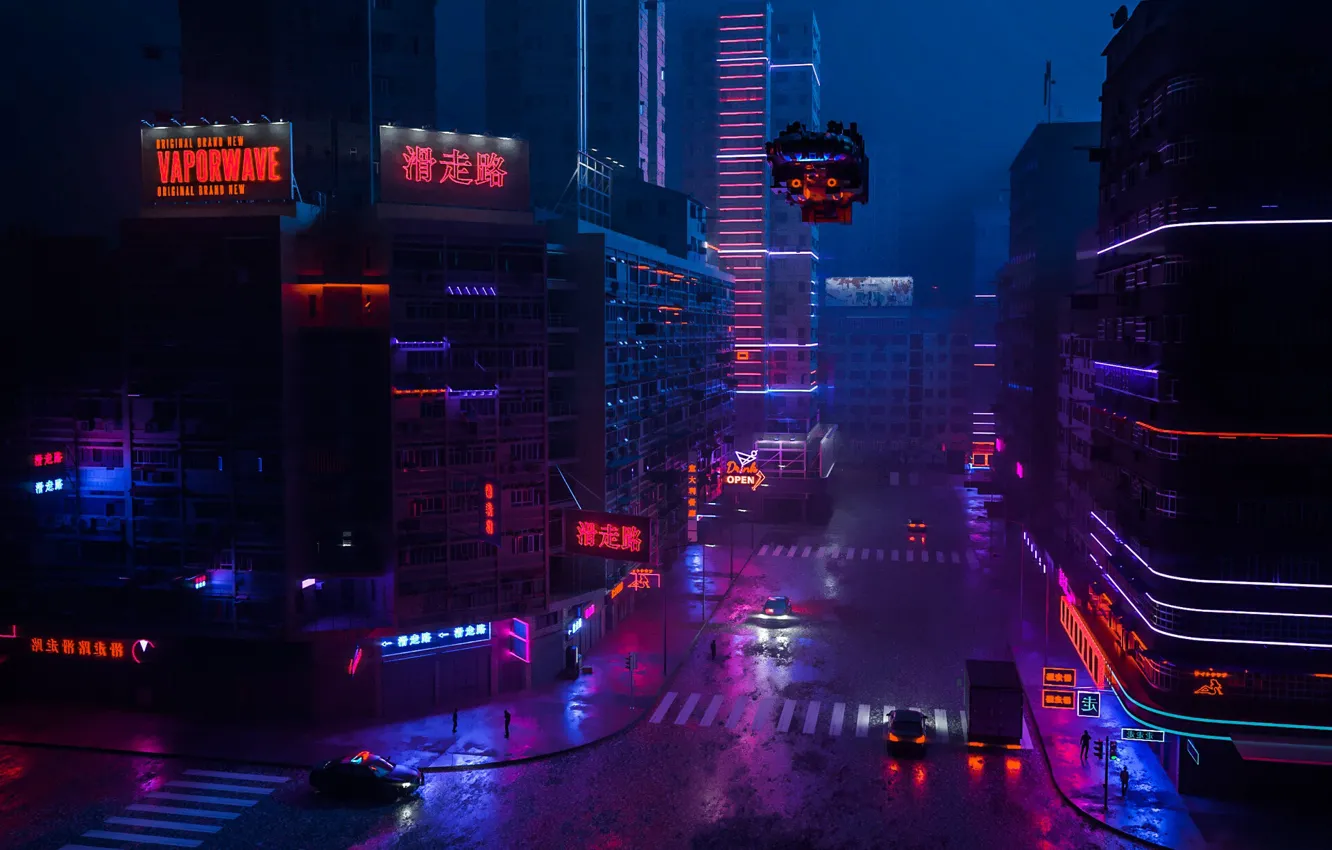 Photo wallpaper machine, night, the city, style, rendering, fiction, transport, street