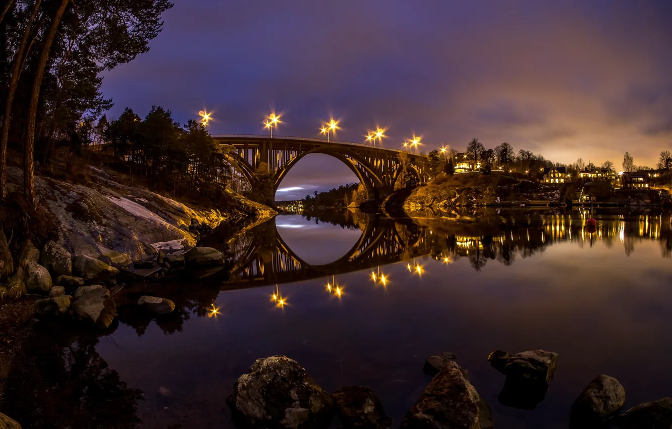 Photo wallpaper night, bridge, lights, reflection, river, Sweden, Skurubron