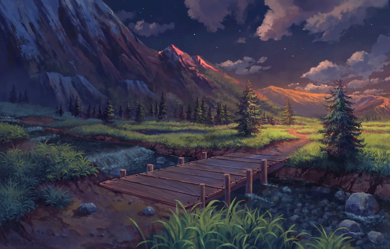 Wallpaper Anime, mountains, scenic, clouds, stars, stream, anime ...