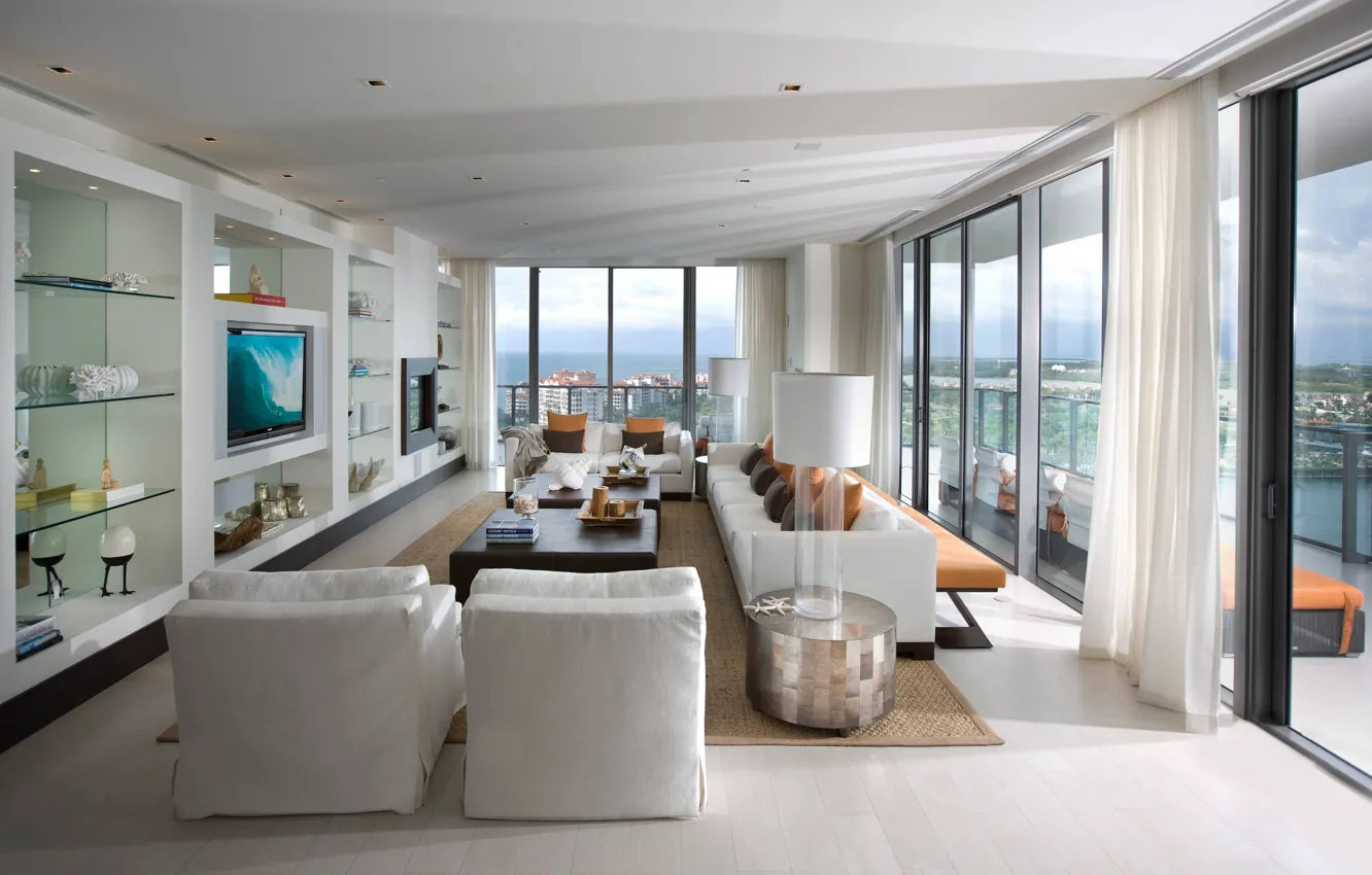 Photo wallpaper design, style, interior, FL, Miami, terrace, living room, Apogee Apartment