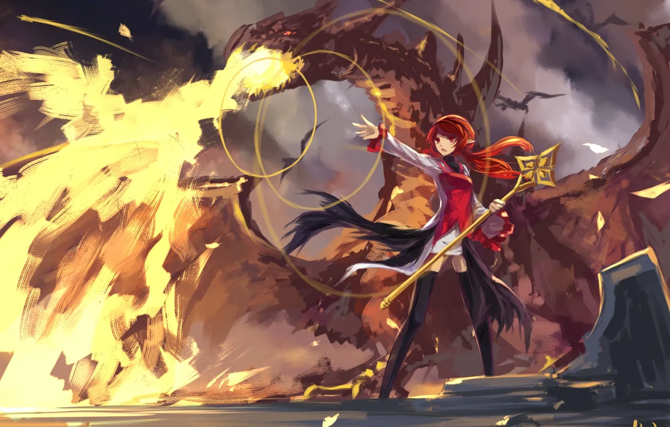 Photo wallpaper girl, fire, magic, dragon, anime, art, staff, swd3e2