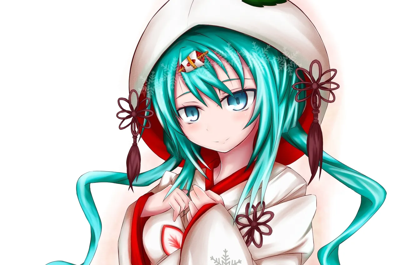 Photo wallpaper leaves, girl, snowflakes, art, kimono, Vocaloid, yuki miku, k-14