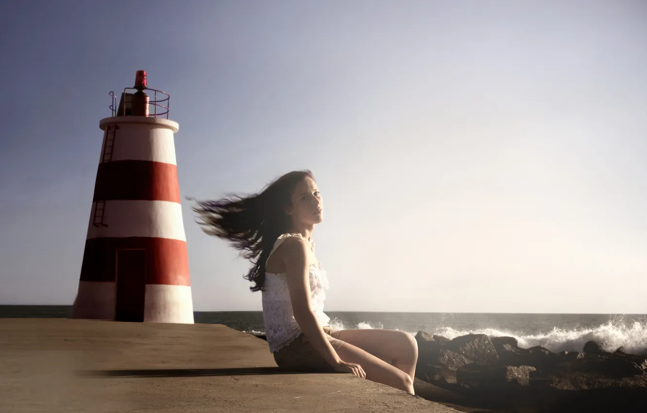 Photo wallpaper sea, girl, mood, lighthouse