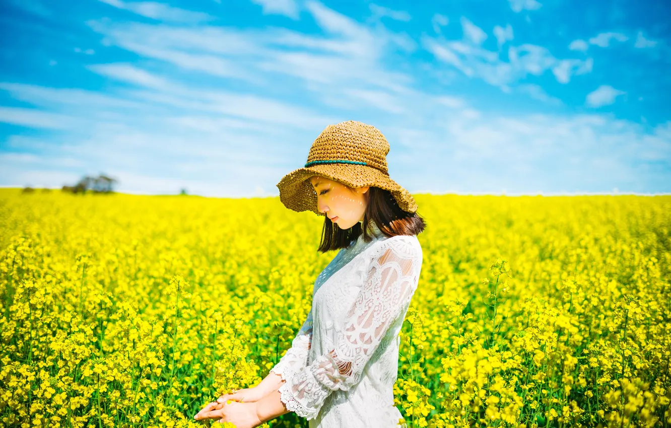 Photo wallpaper summer, the sky, girl, clouds, hair, hat, dress, lips