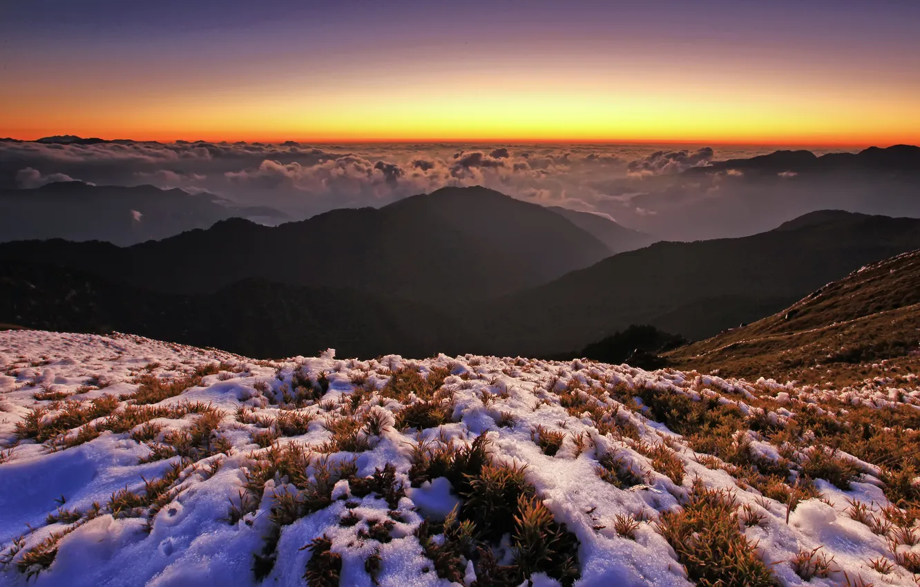 Photo wallpaper snow, sunset, mountains, hills, horizon