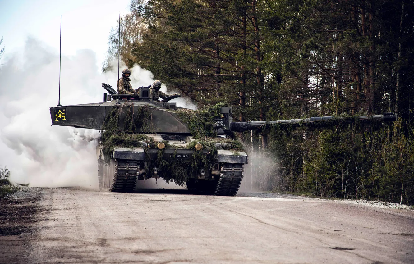 Photo wallpaper Dust, Forest, Tank, NATO, Challenger 2, NATO, Camouflage, Challenger 2