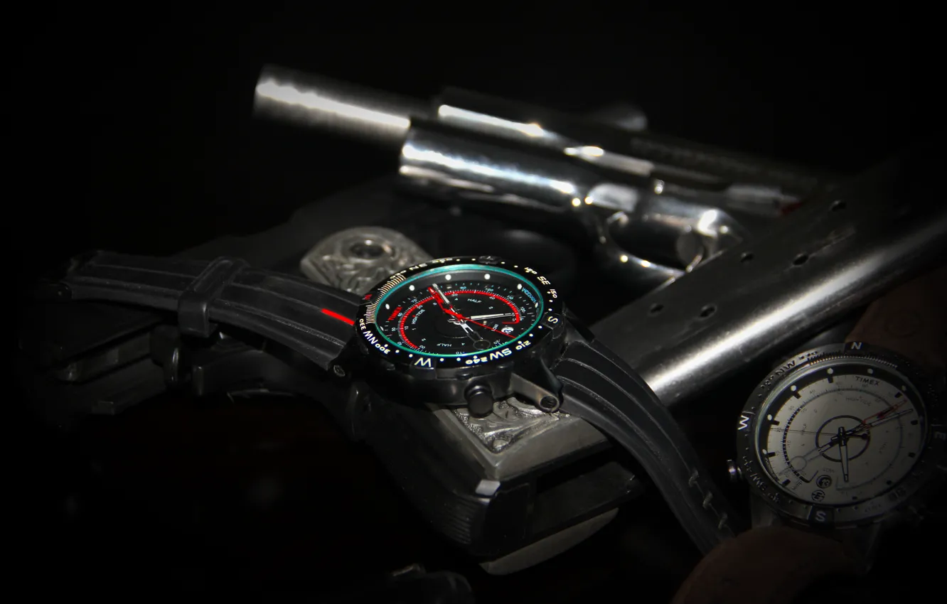 Photo wallpaper darkness, gun, watch
