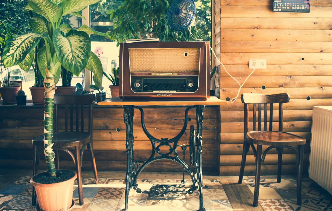 Photo wallpaper vintage, chair, window, room, table, plants, Radio, Nostalgia