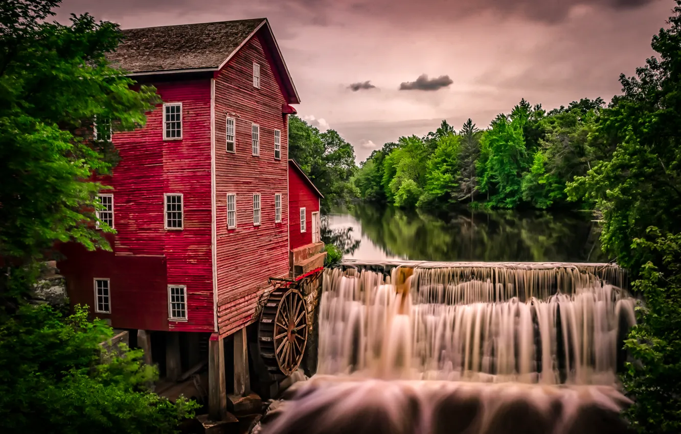 Photo wallpaper river, waterfall, Wisconsin, mill, water mill, Wisconsin, Augusta, Augusta