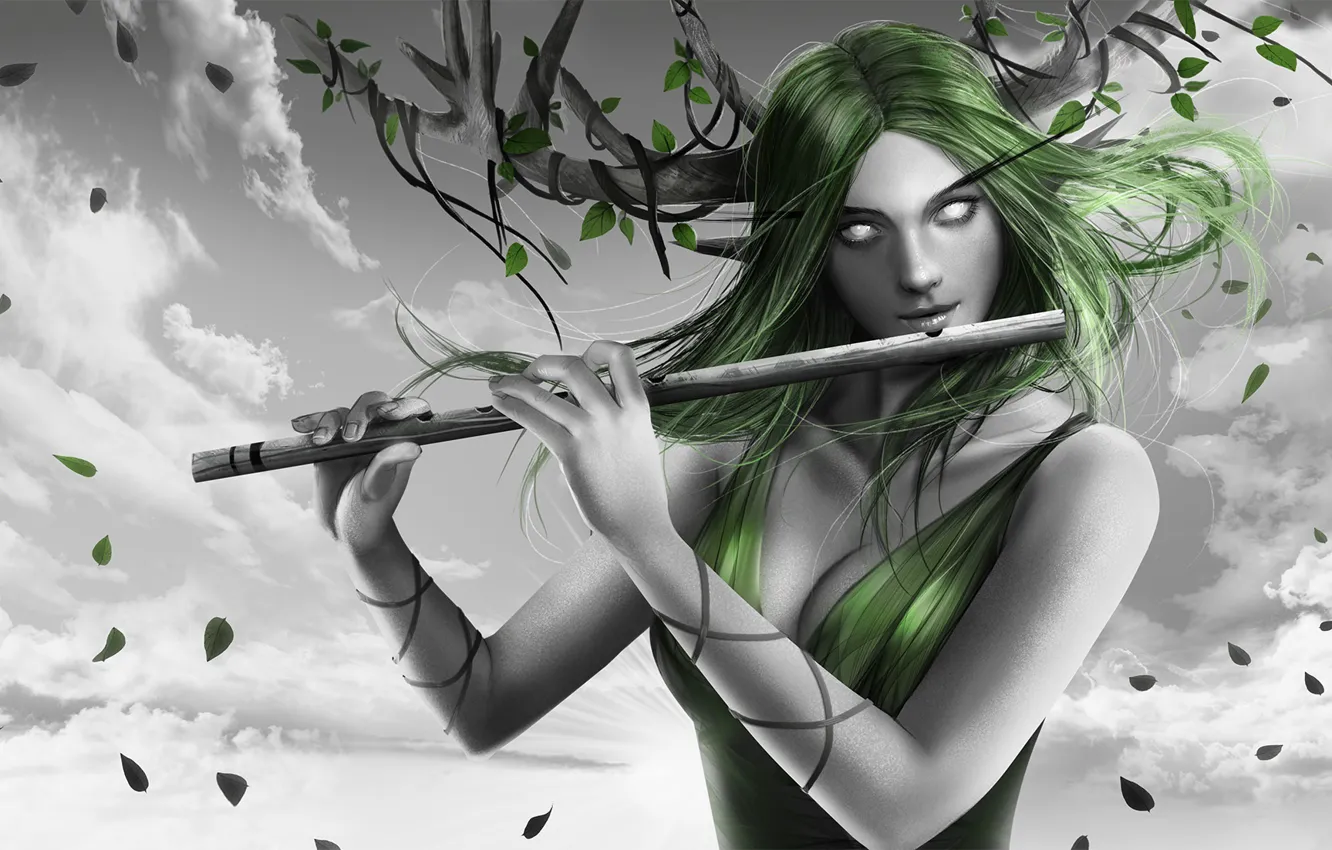 Photo wallpaper look, girl, branches, horns, flute