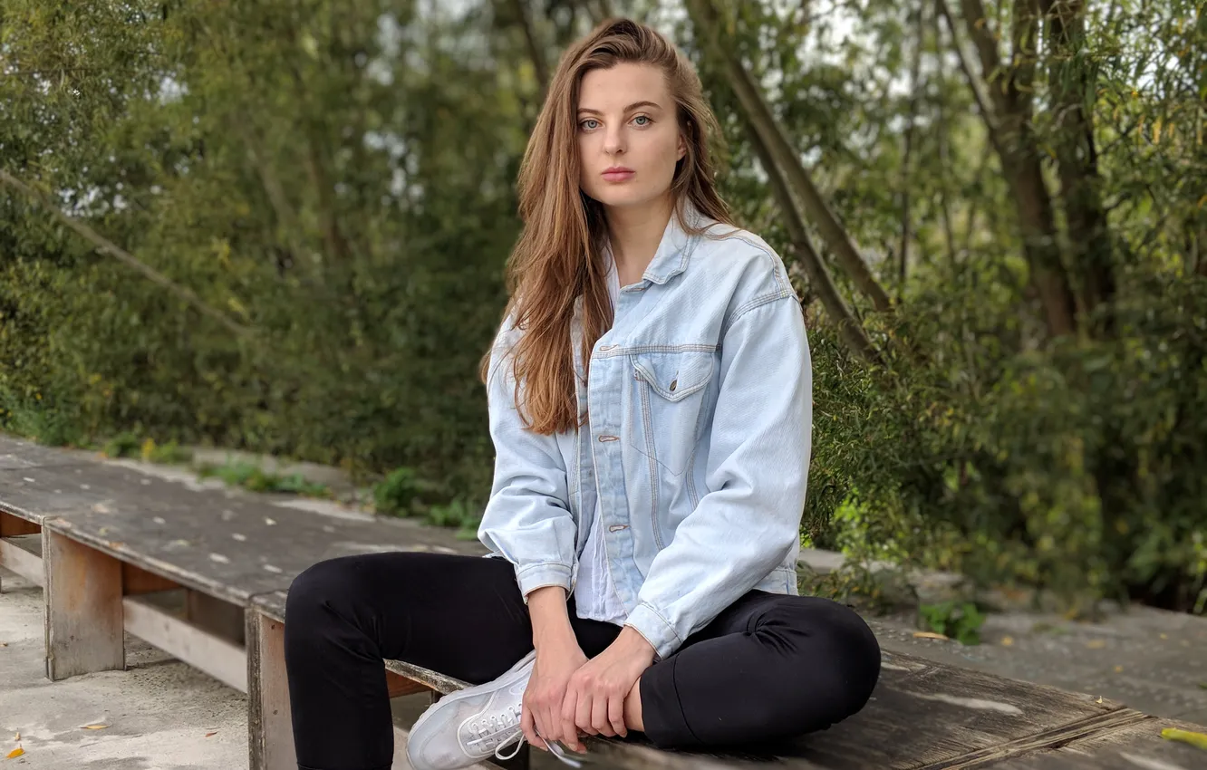 Photo wallpaper girl, trees, bench, nature, sitting
