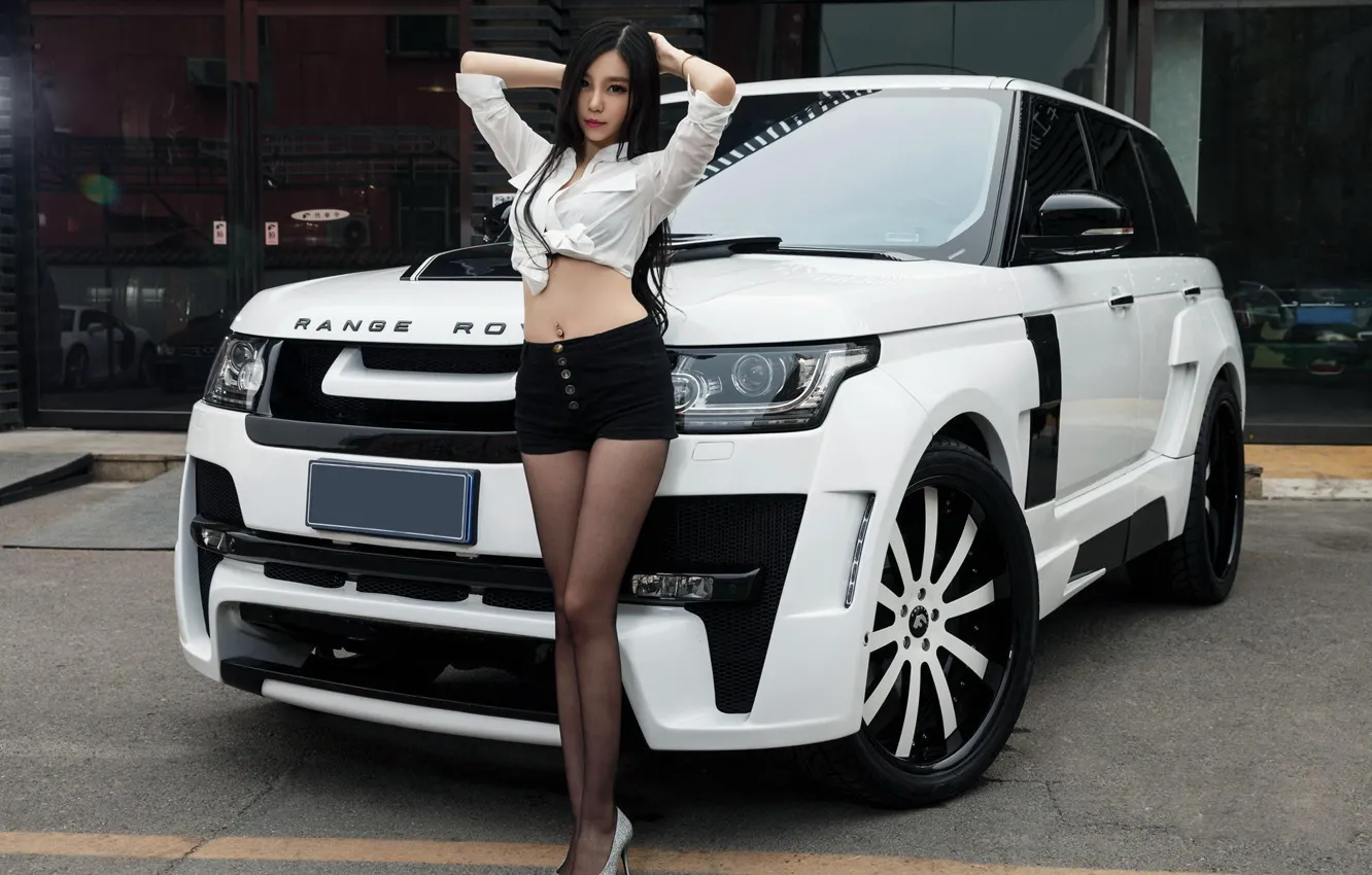 Photo wallpaper look, Girls, Land Rover, Asian, beautiful girl, white car