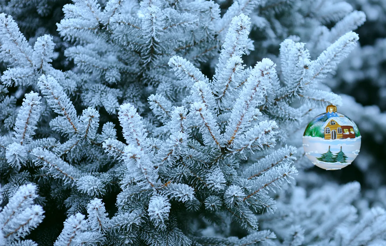 Photo wallpaper snow, toy, spruce
