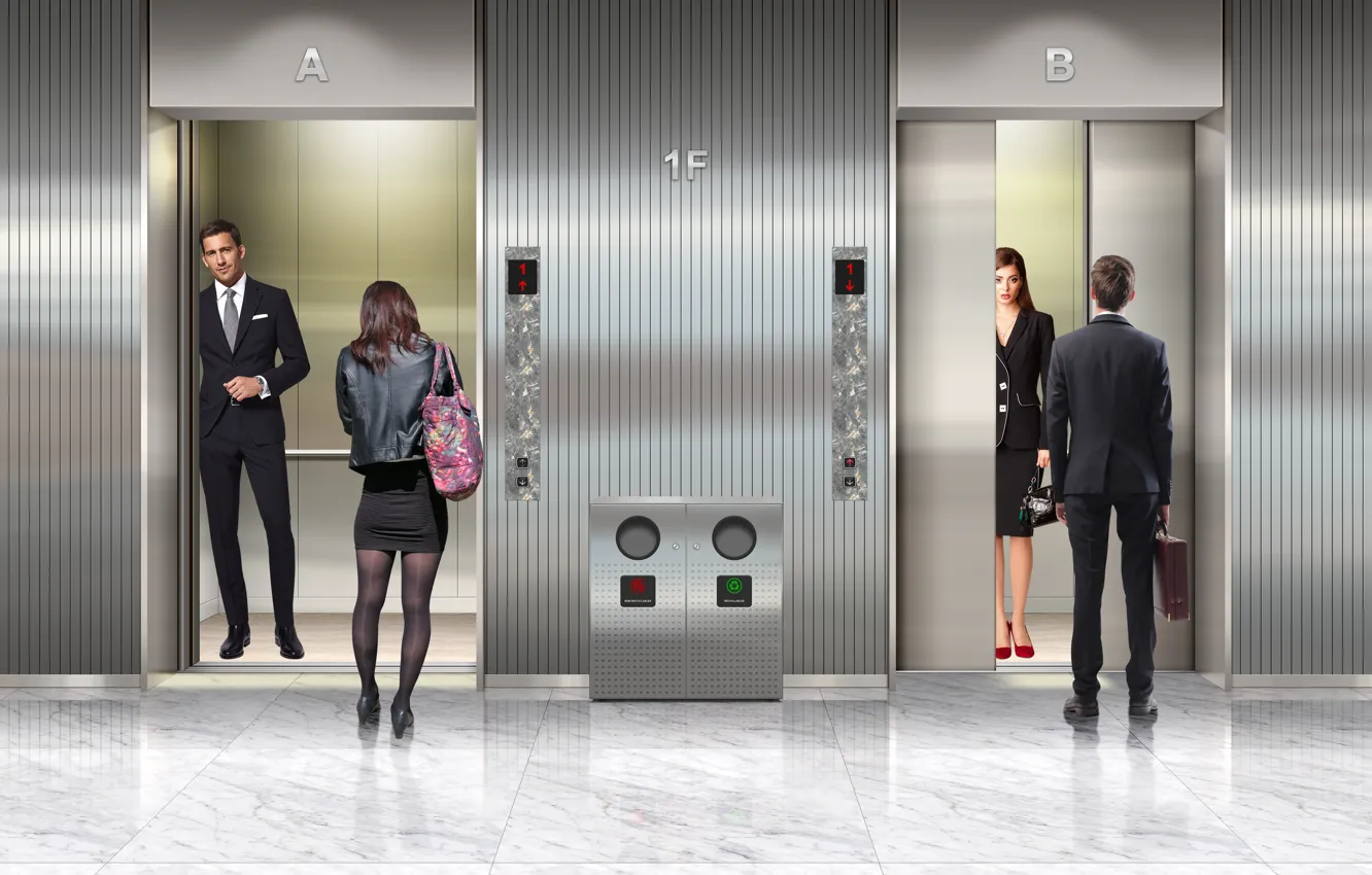 Photo wallpaper woman, man, building, pantyhose, elevator, trash can, trash bin