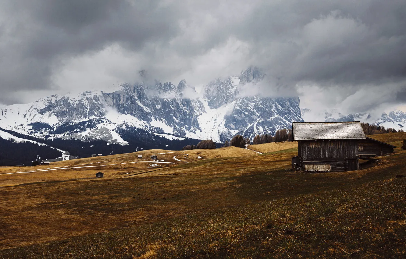 Photo wallpaper field, clouds, snow, mountains, overcast, the slopes, tops, dal