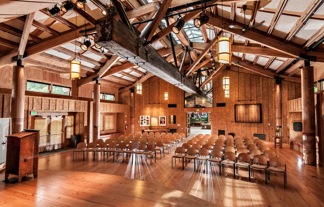 Photo wallpaper Lights, Room, Interior, Chairs, Architecture, Great Hall, Wood Materials