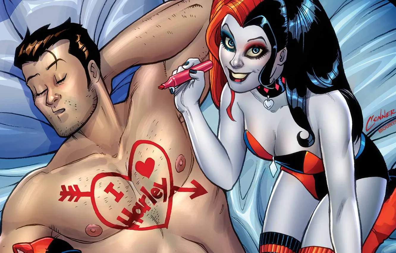 Photo wallpaper girl, fantasy, heart, man, bed, artwork, Comics, fantasy art