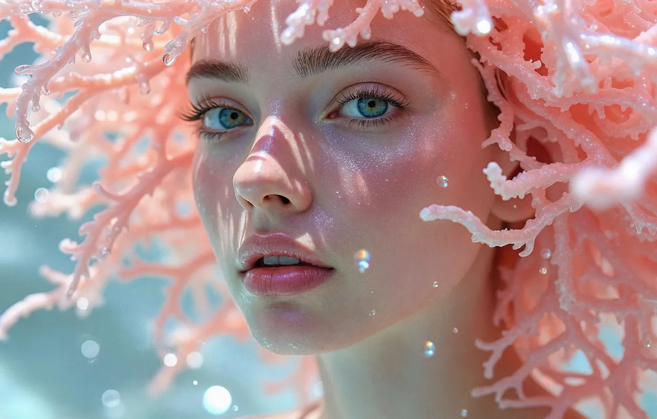 Photo wallpaper girl, mermaid, portrait, corals, fantasy, under water, AI art, neural network