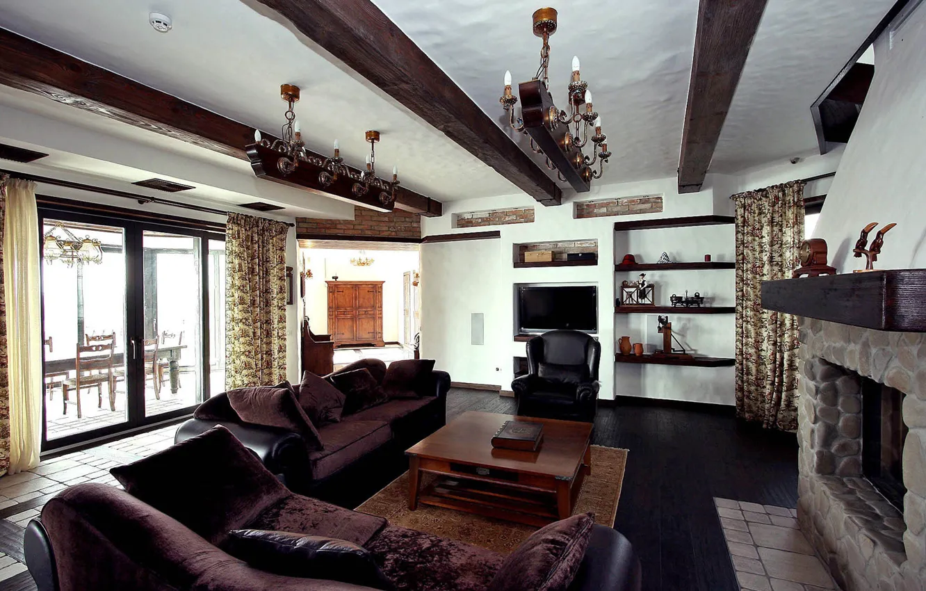 Photo wallpaper Villa, interior, fireplace, living room, the Chalet-style