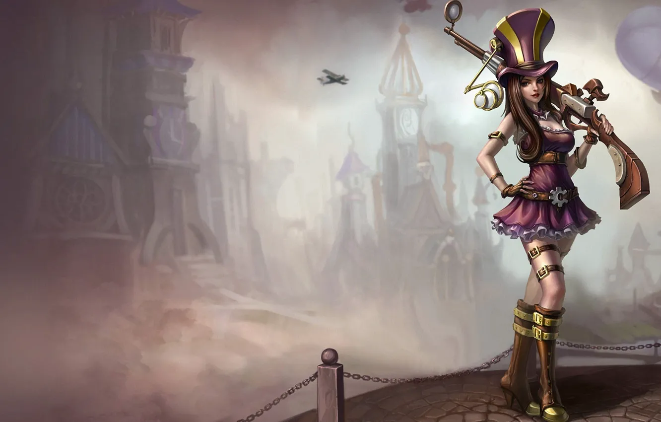 Photo wallpaper girl, game, airship, weapon, hat, art, plane, League of Legends