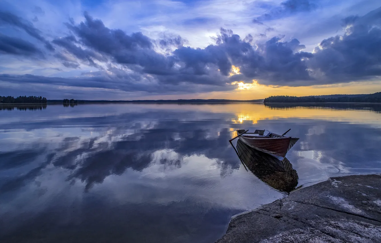 Photo wallpaper sunset, lake, boat, Finland