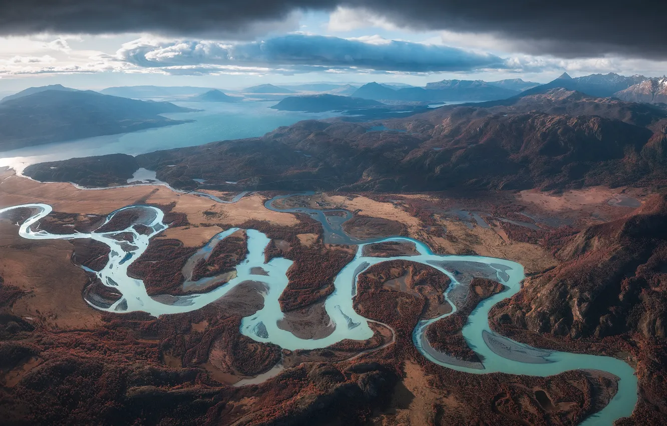 Photo wallpaper the sky, clouds, mountains, clouds, fog, river, shore, view