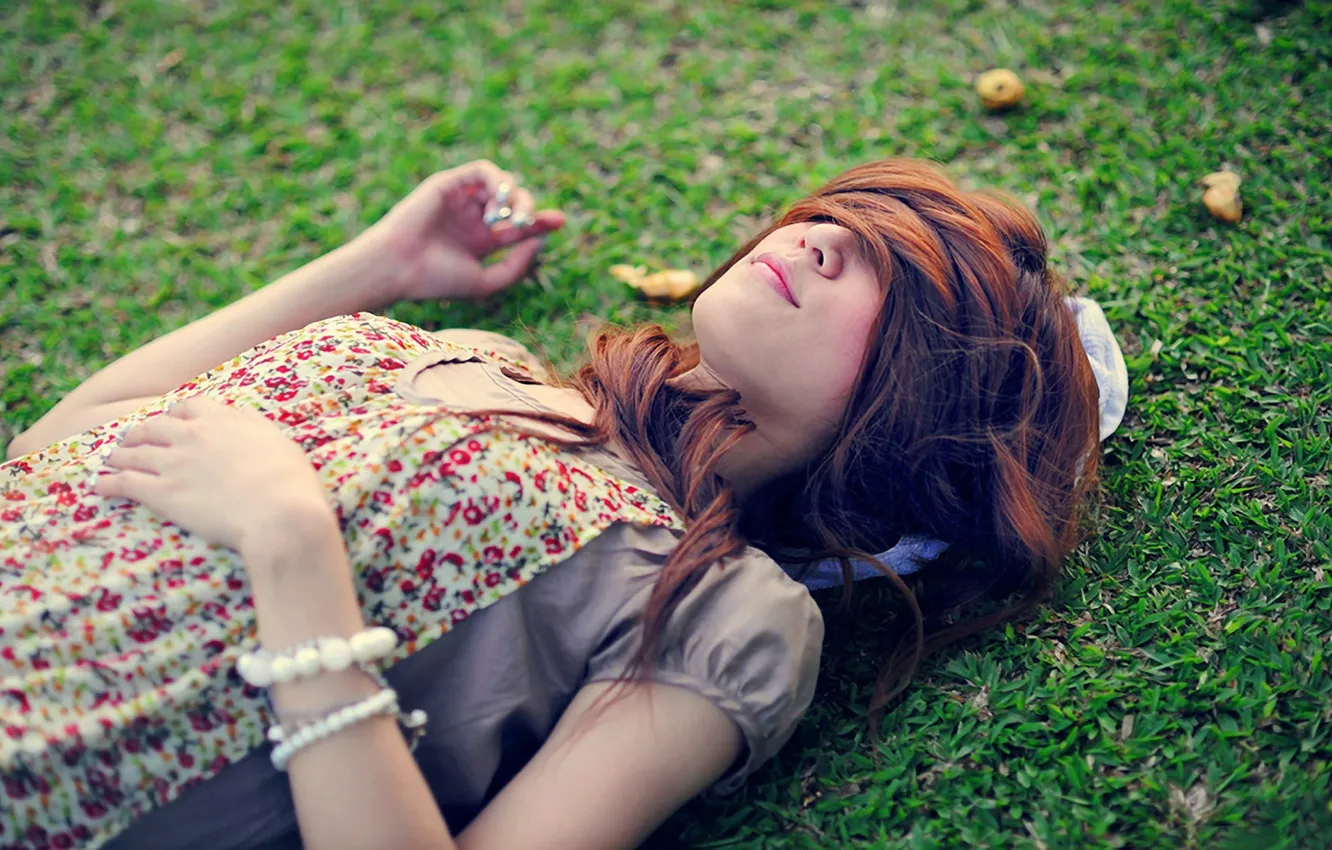 Photo wallpaper greens, grass, girl, decoration, nature, background, Wallpaper, hair