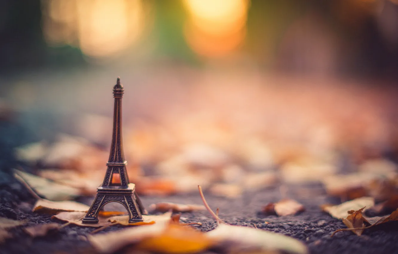 Photo wallpaper autumn, asphalt, leaves, blur, dry, figurine, Eiffel tower, stand