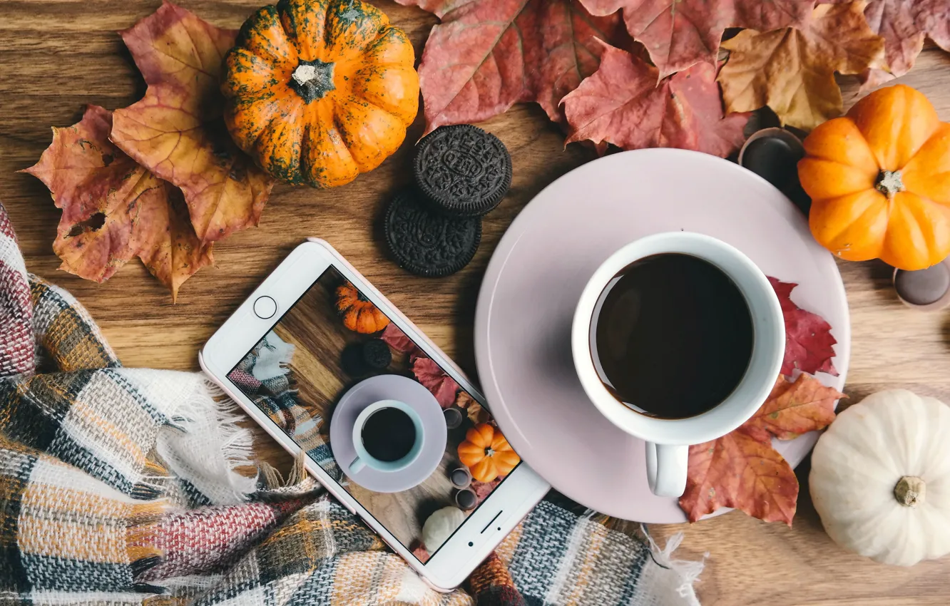 Photo wallpaper autumn, comfort, photo, Board, coffee, scarf, cookies, mug