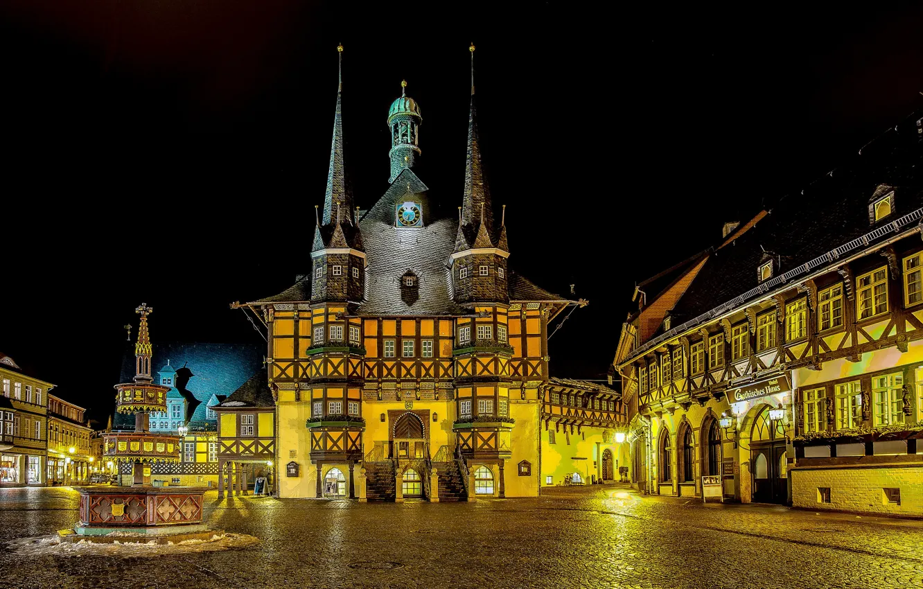 Photo wallpaper night, the city, building, home, Germany, lighting, area, town hall