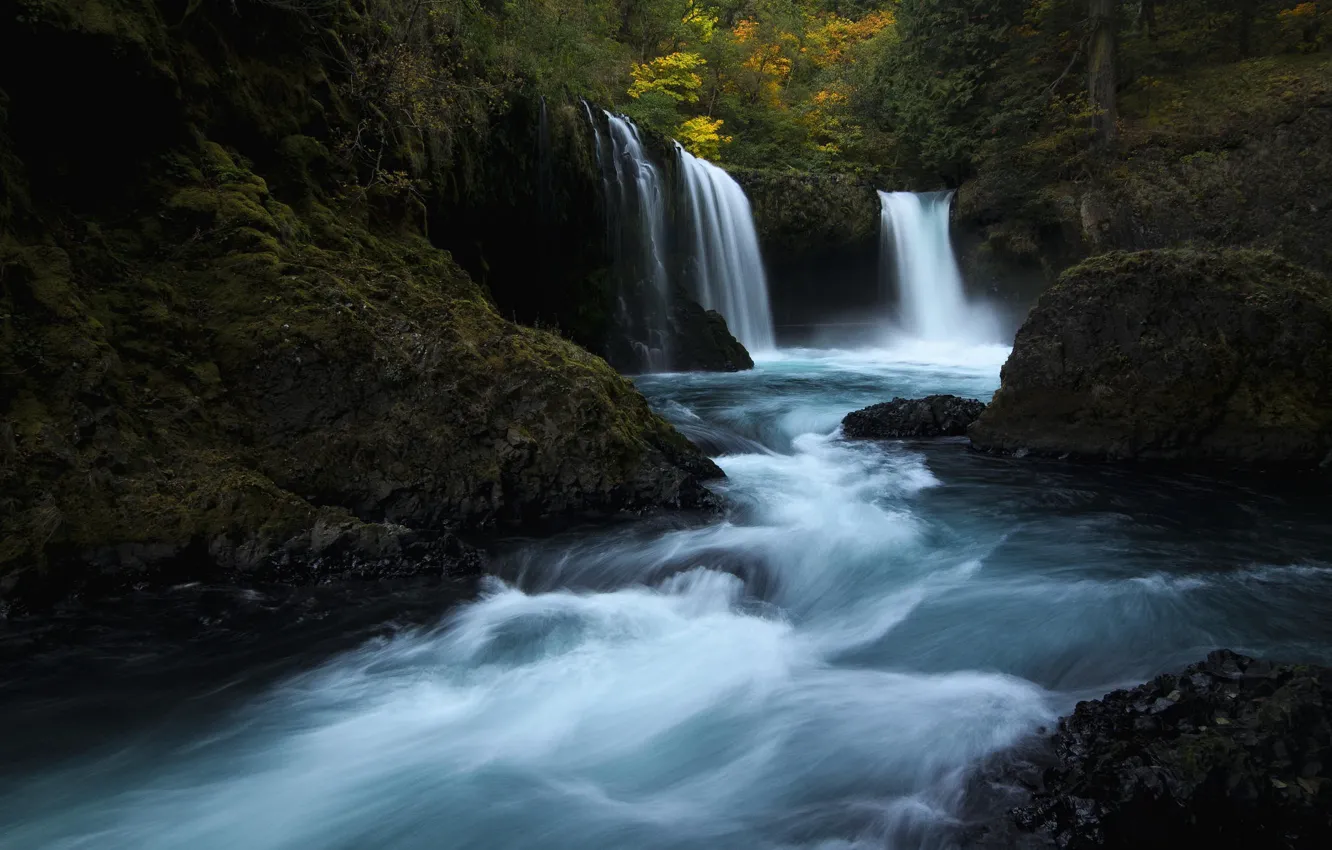 Photo wallpaper autumn, forest, river, stones, rocks, shore, for, waterfall