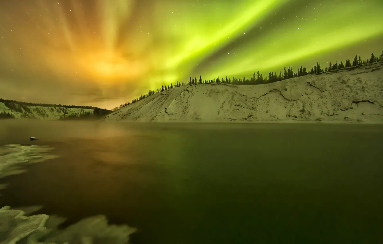 Photo wallpaper winter, snow, lake, Northern lights, Alaska, glow, USA, Yukon