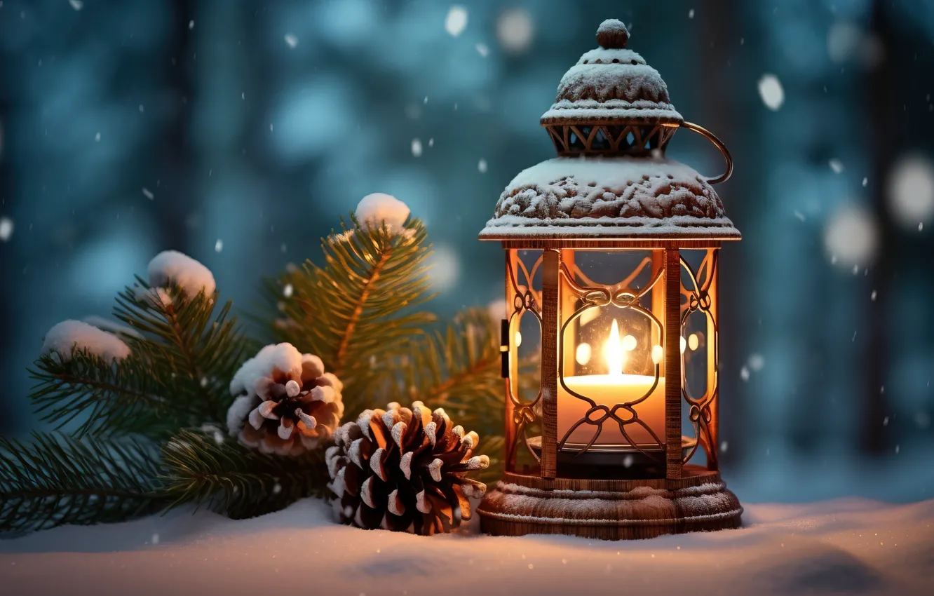Photo wallpaper winter, snow, decoration, night, new year, Christmas, lights, light