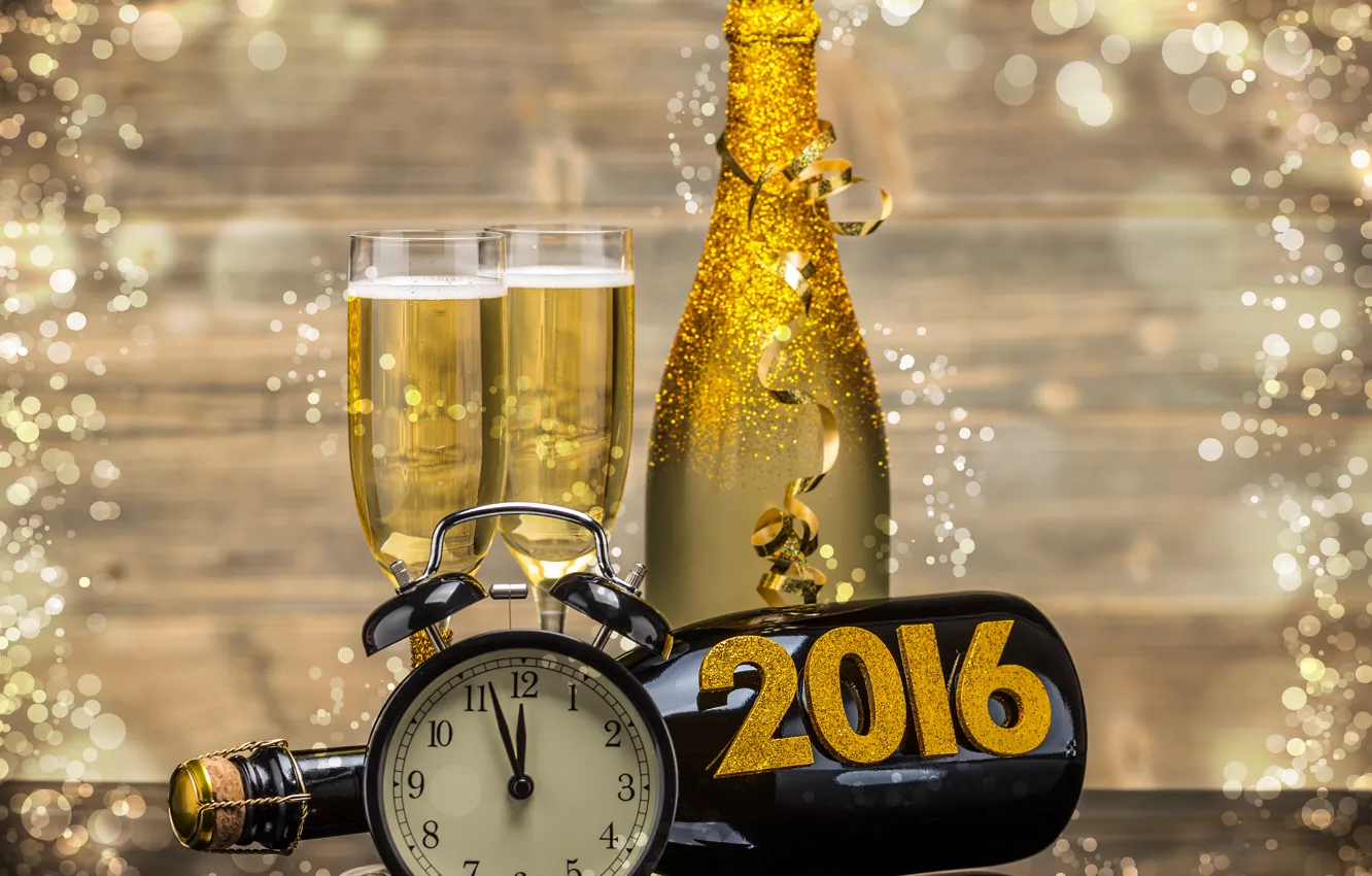 Photo wallpaper watch, bottle, New Year, glasses, golden, champagne, New Year, clock