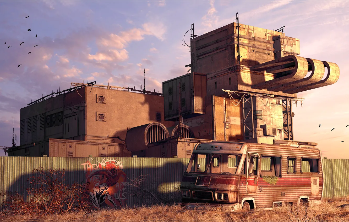 Photo wallpaper graffiti, the fence, bus, structure, abandoned