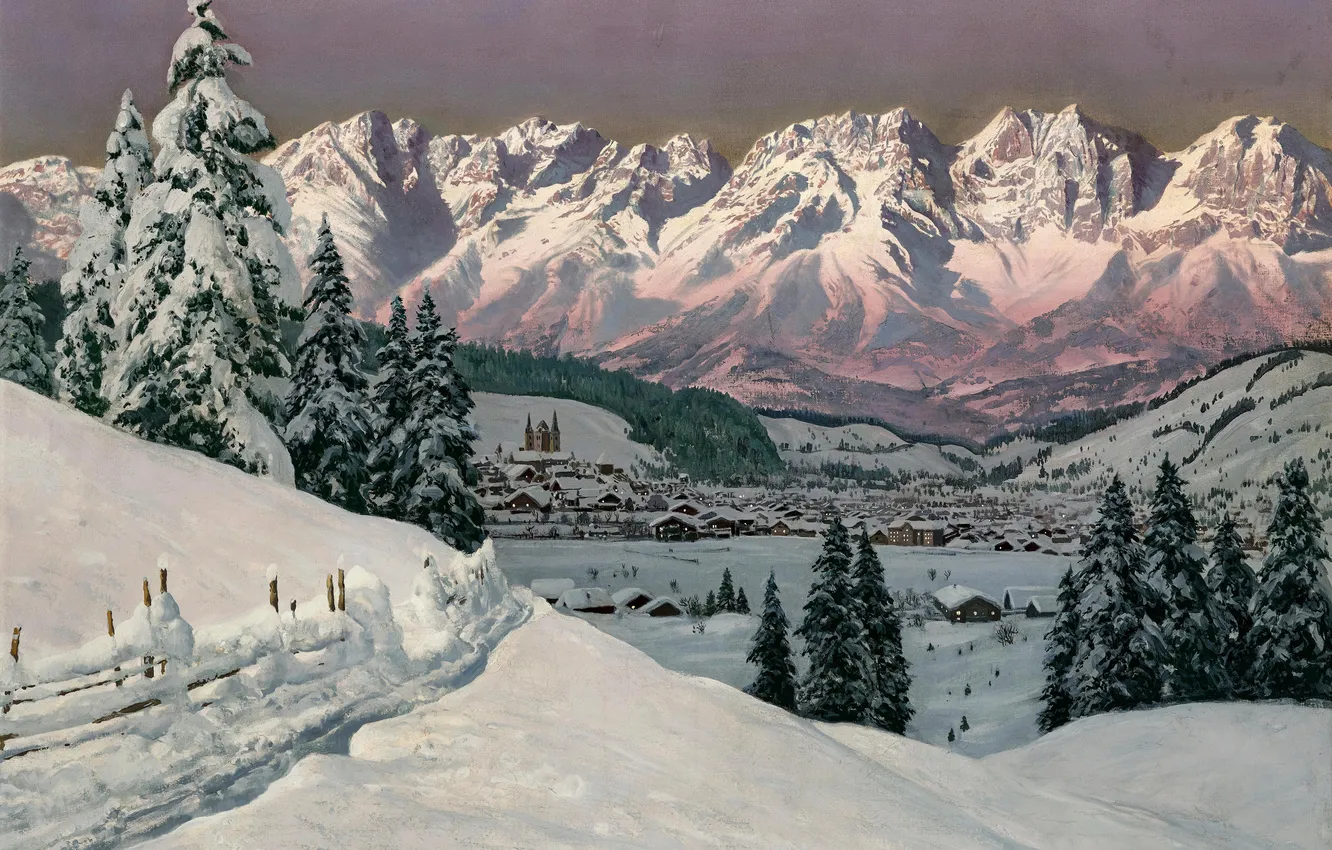 Photo wallpaper winter, snow, trees, mountains, home, picture, Alois Arnegger, Austrian painter