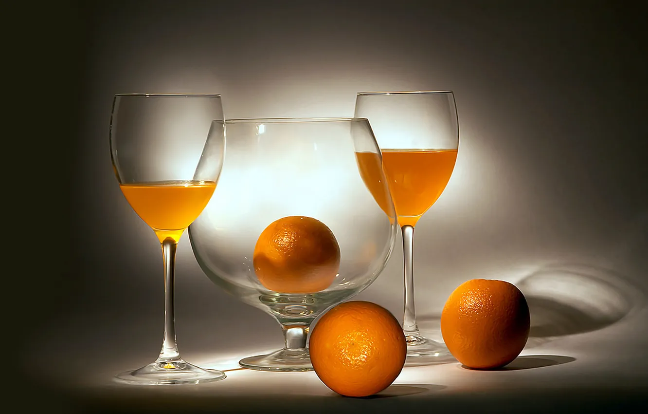 Photo wallpaper oranges, glasses, still life, orange, orange juice