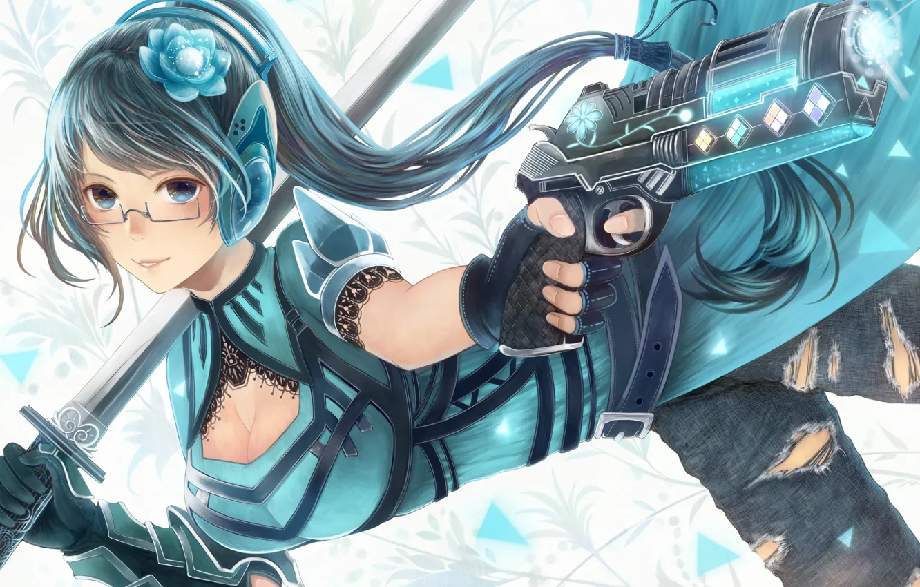 Photo wallpaper look, girl, smile, gun, weapons, sword, headphones, glasses