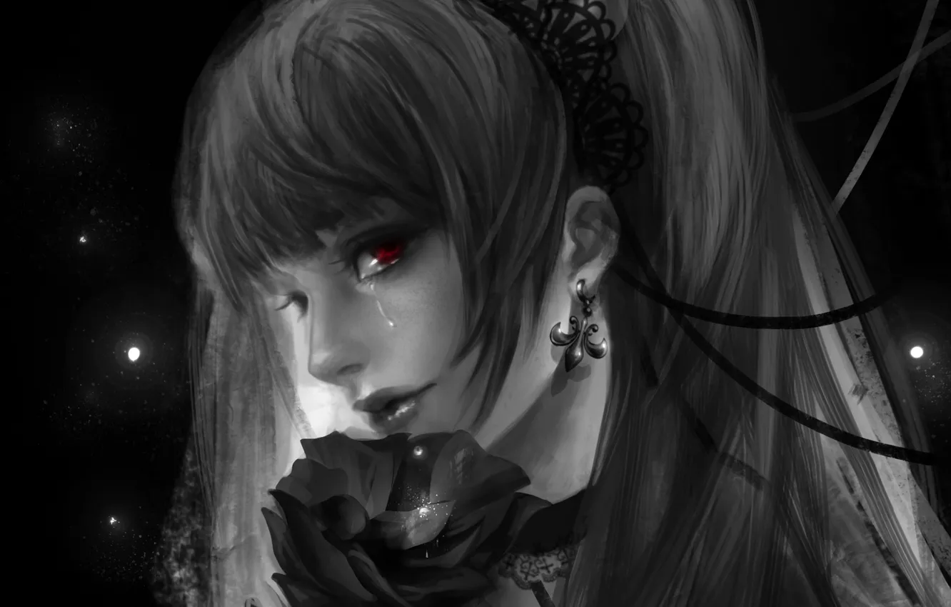 Photo wallpaper flower, girl, tear, death note, death note, art, red eye, rikamello