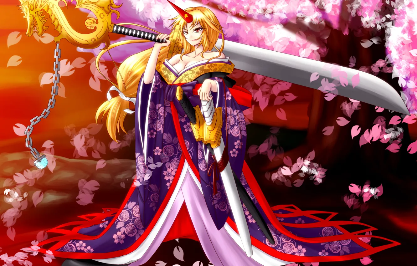 Photo wallpaper look, girl, smile, weapons, mood, sword, Sakura, horns