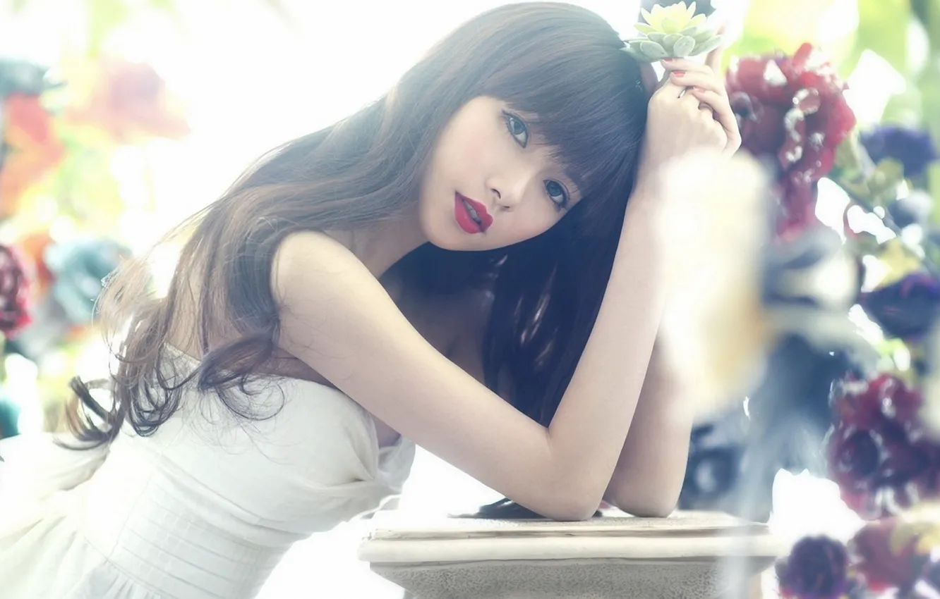 Photo wallpaper look, girl, flowers, table, makeup, brunette, girl, Asian