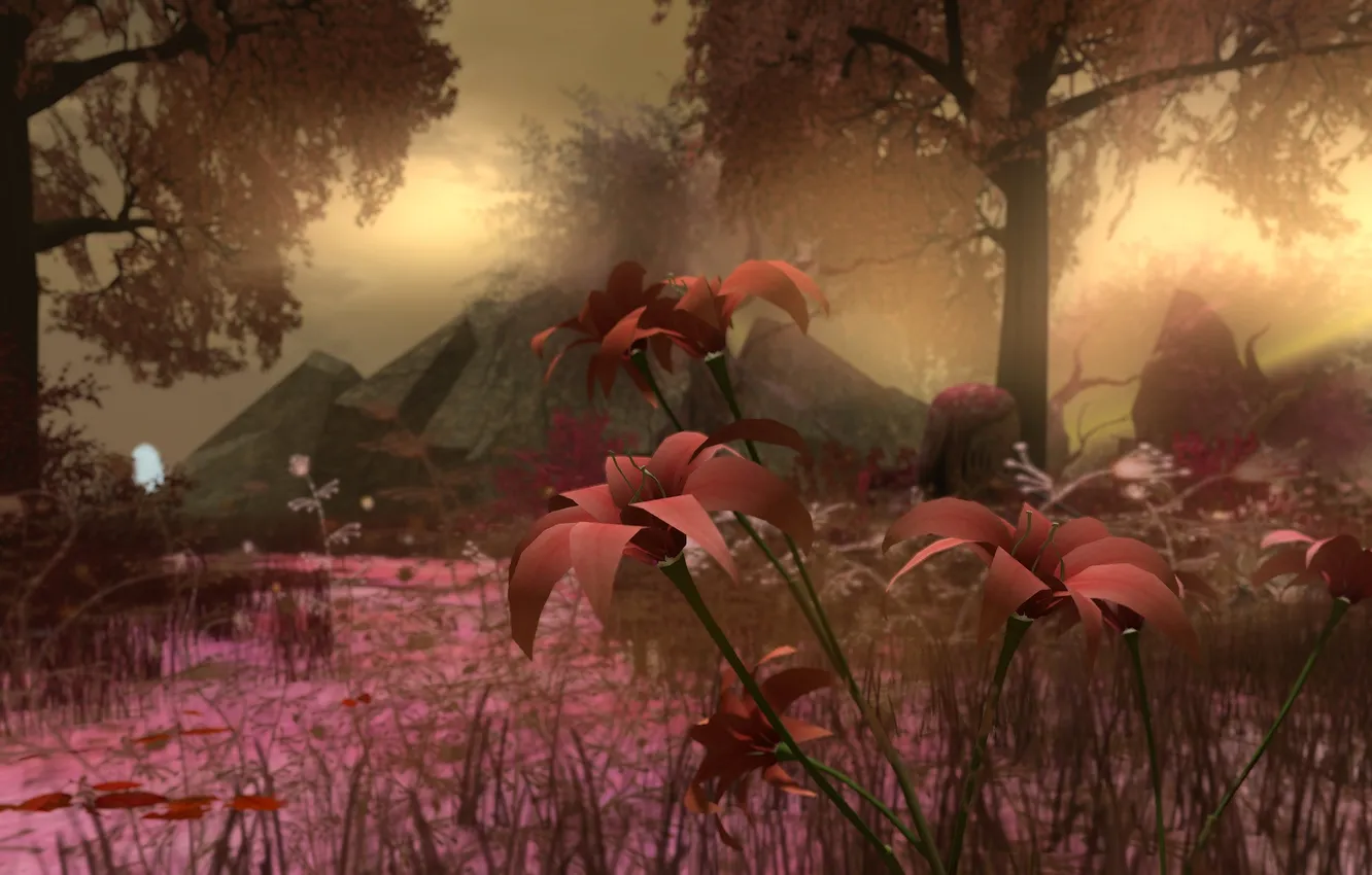 Photo wallpaper trees, landscape, flowers, nature, stones, collage