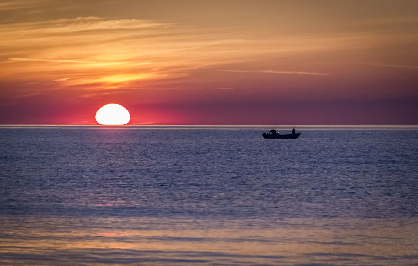 Photo wallpaper sea, the sky, sunset, boat, fisherman, horizon