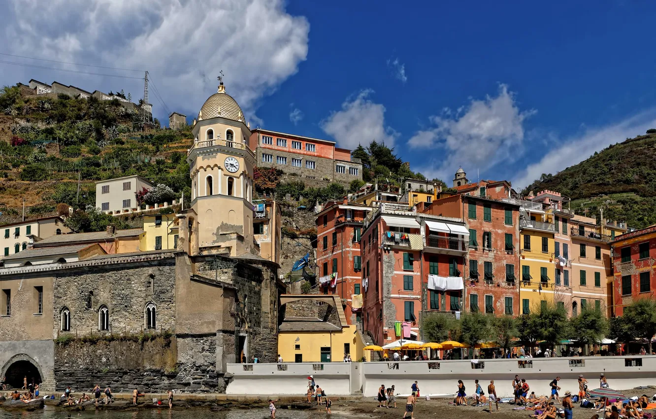 Photo wallpaper rocks, tower, home, Italy, Vernazza, Cinque Terre, The Ligurian coast