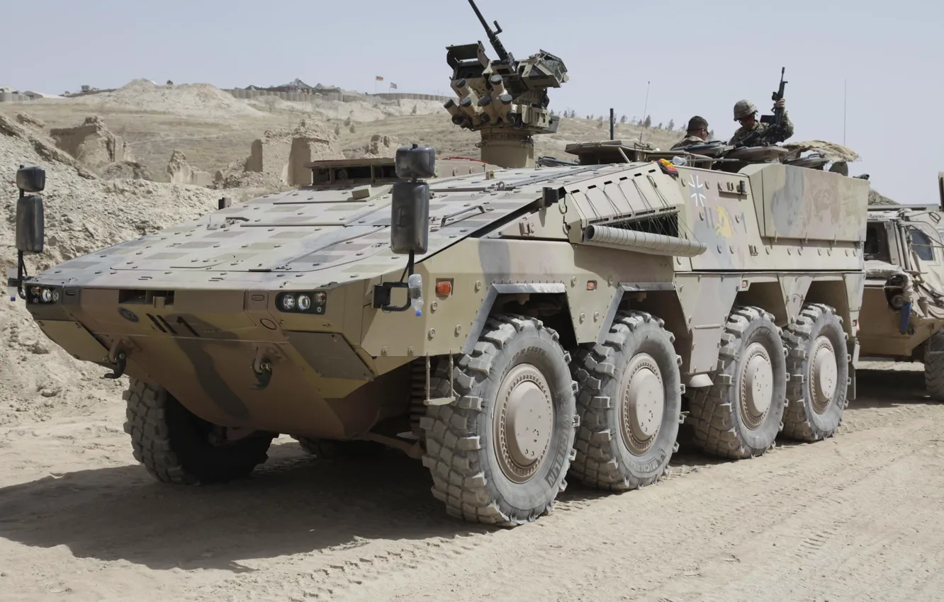 Photo wallpaper sand, destruction, base, soldiers, machine gun, APC, The Bundeswehr, Armoured Transport Vehicle Boxer